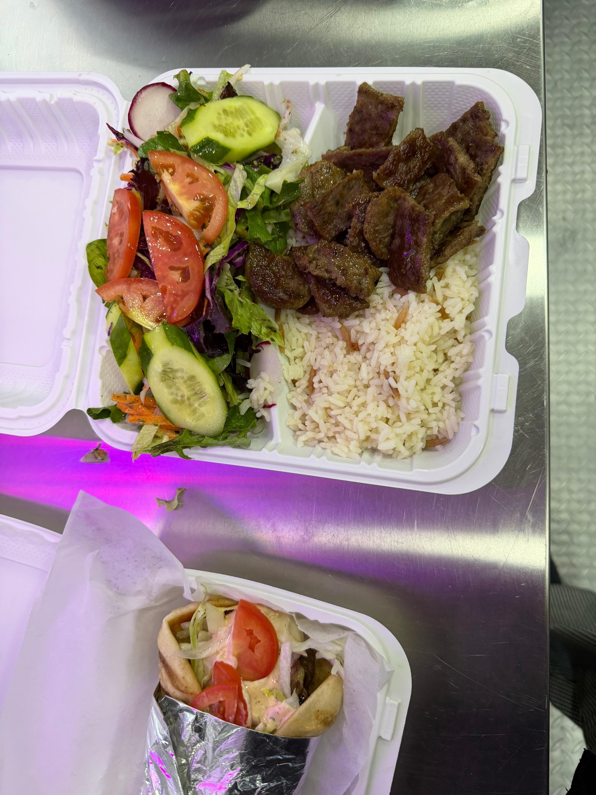 Beef and lamb gyro plate with rice and salad