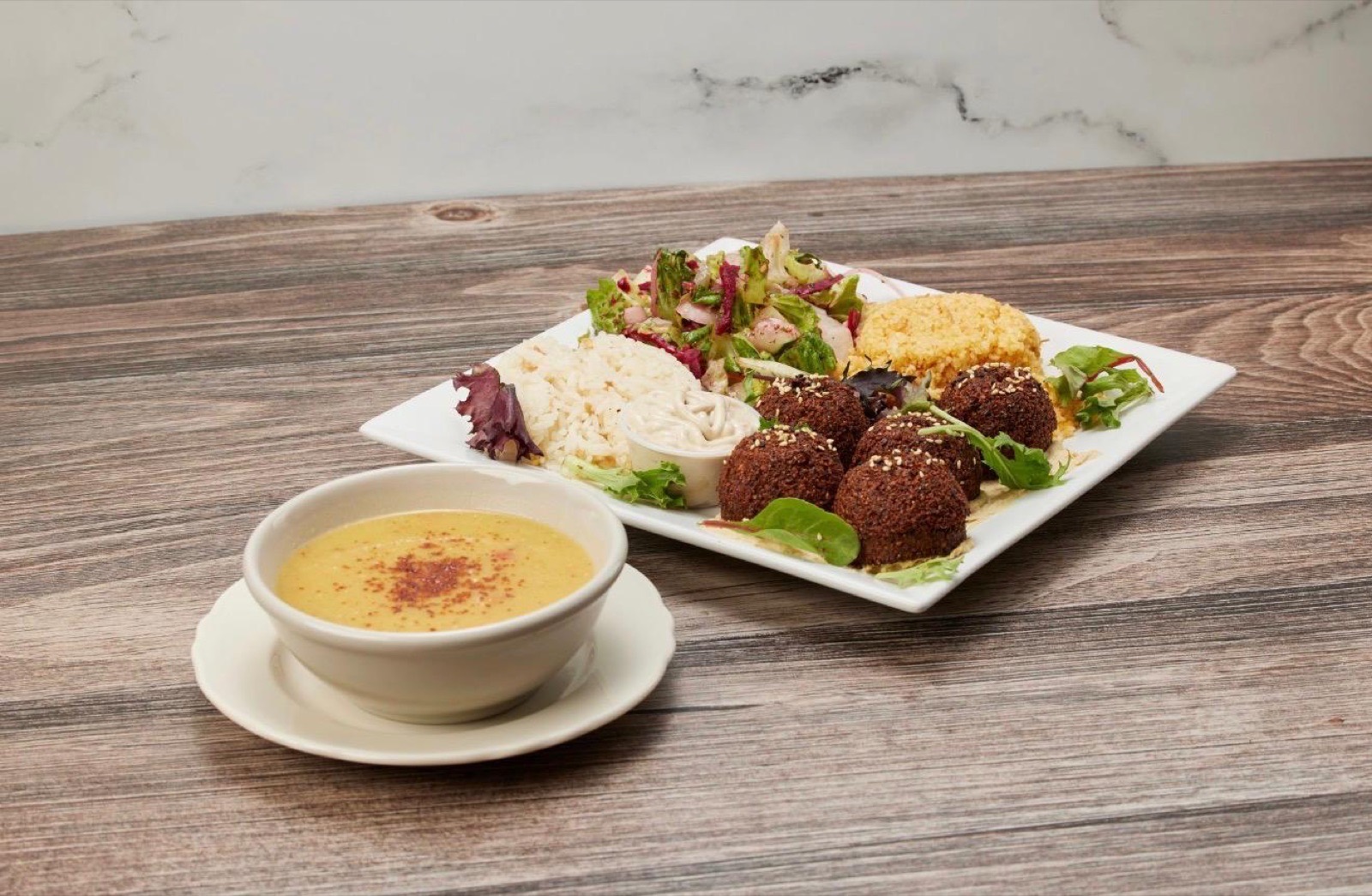Falafel plate with hummus and salad