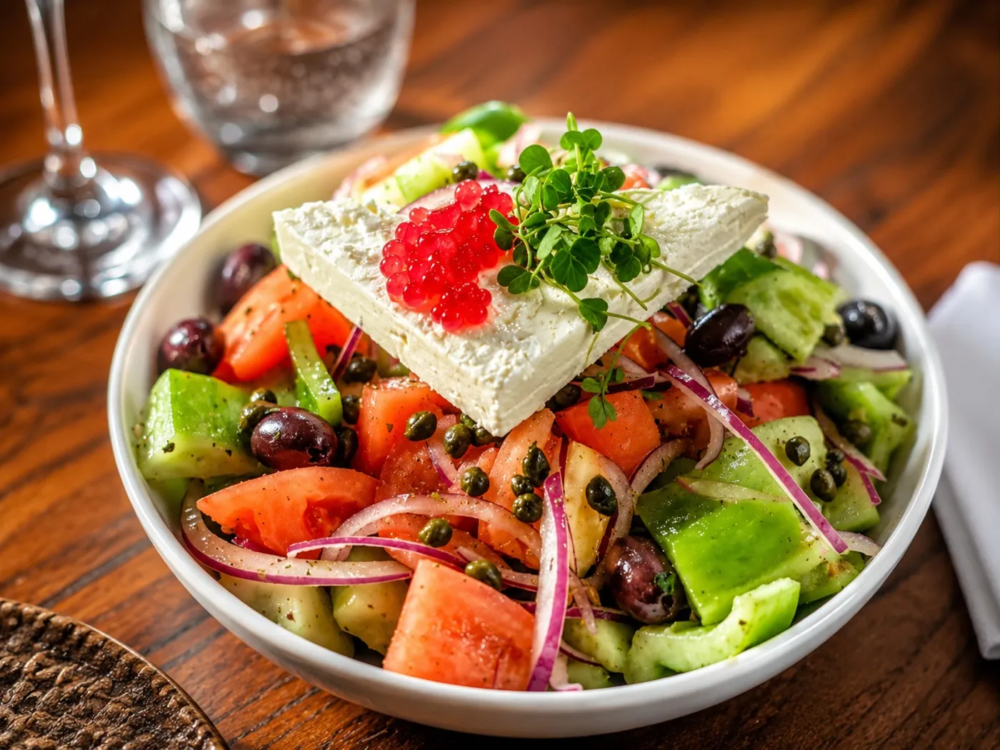 Horiatiki salad with tomato, cucumber, kalamata olives, red onion and feta