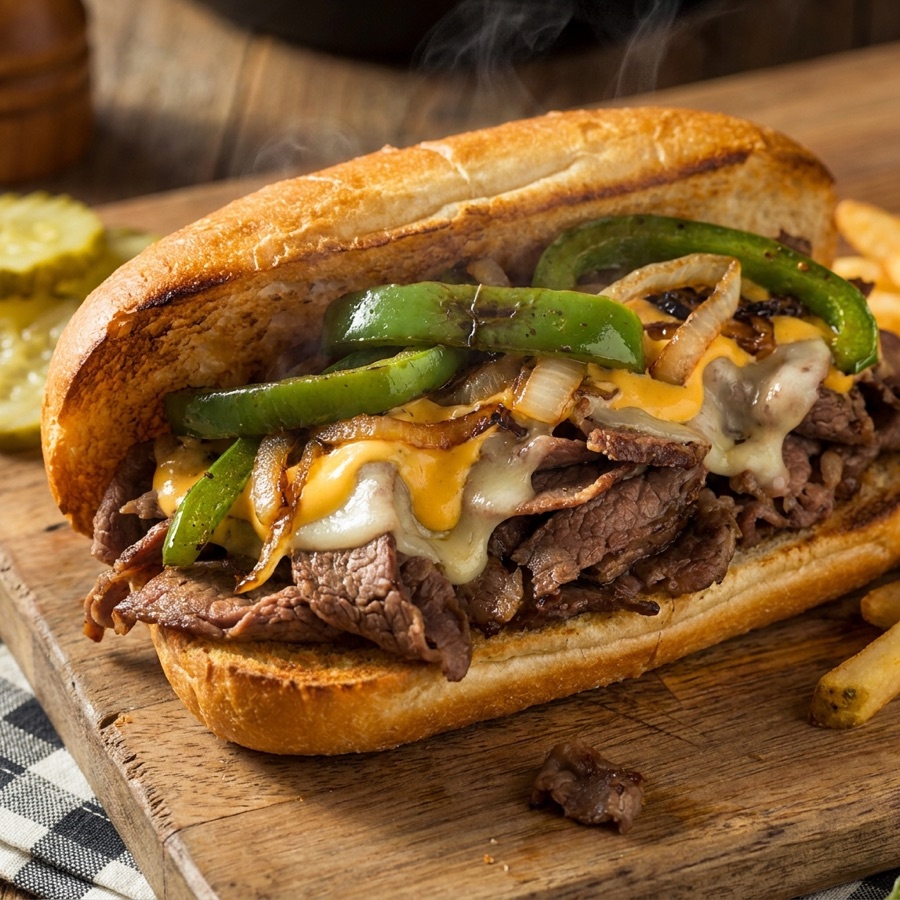 Philly steak sandwich with peppers and onions